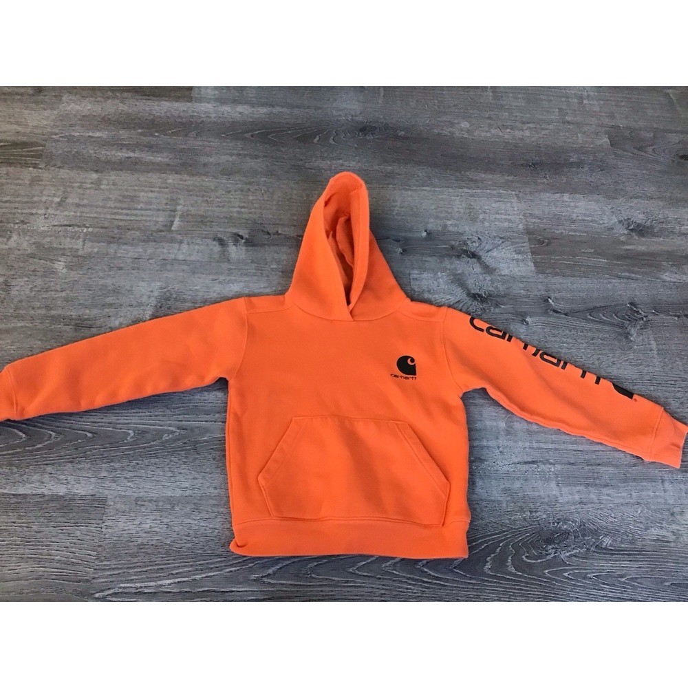 Carhartt Youth Spell Out Pullover Graphic Hoodie Sweatshirt Orange S Small 8/10